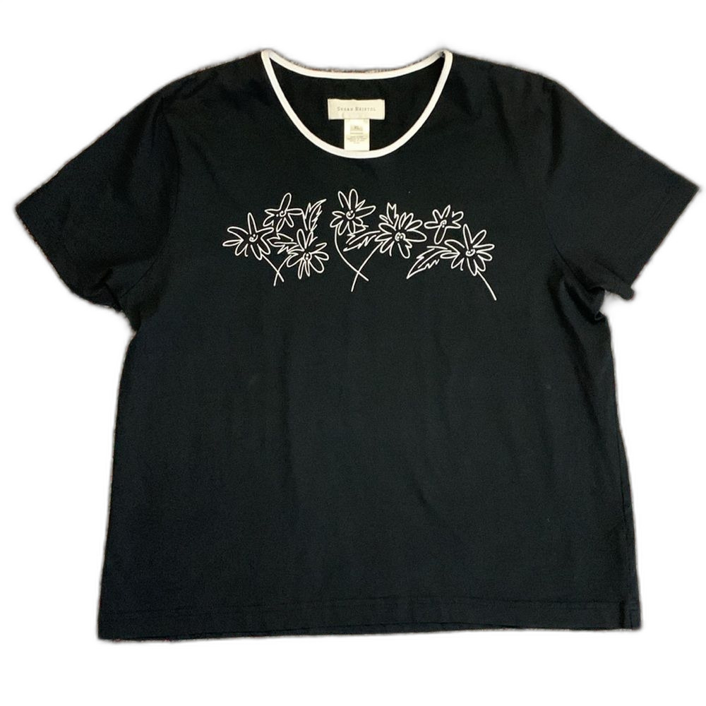 Susan Bristol Black Cotton White Floral Design Scoop Neck SS T-Shirt Size XL